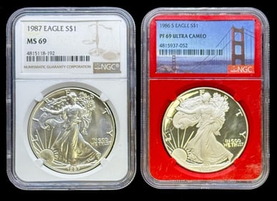 1987 & 1986-S American Silver Eagle Dollars NGC Graded