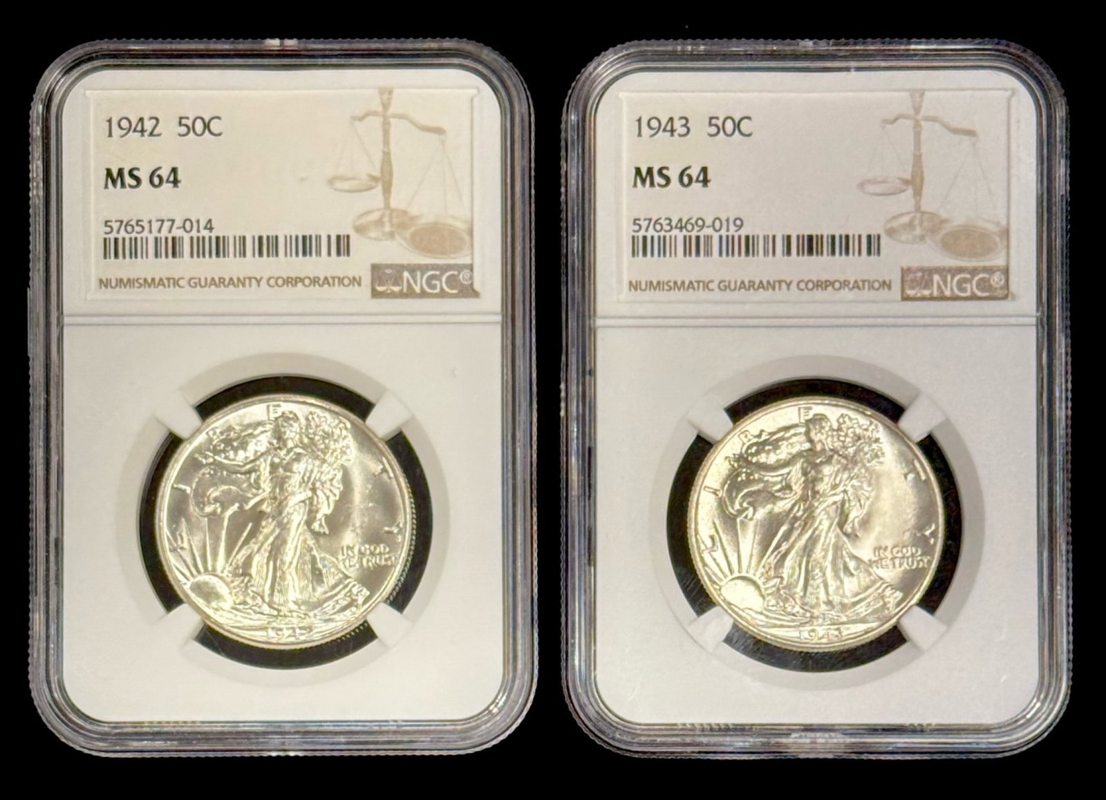 1942 & 1943 U.S. Silver Walking Liberty Half Dollar NGC MS 64: 1942 & 1943 U.S. Silver Walking Liberty Half Dollar NGC MS 64.? Total FV $1.00