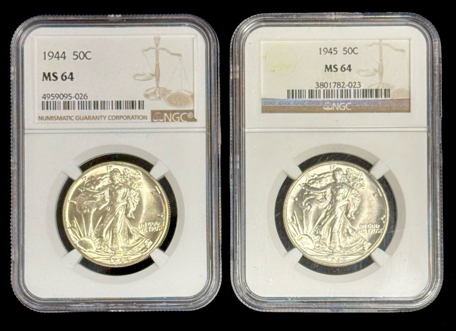 1944 & 1945 U.S. Silver Walking Liberty Half Dollars NGC MS 64: 1944 & 1945 U.S. Silver Walking Liberty Half Dollars NGC MS 64, Total FV $1.00
