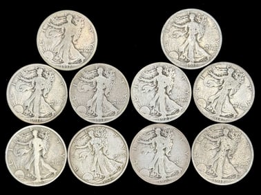 (10) U.S. Silver Walking Liberty Half Dollars