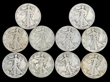 (10) U.S. Silver Walking Liberty Half Dollars