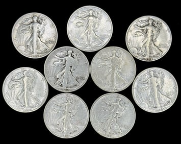 (9) U.S. Silver Walking Liberty Half Dollars