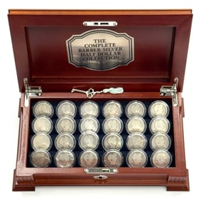 24pc Complete U.S. Silver Barber Half Dollar Collection in Display Case
