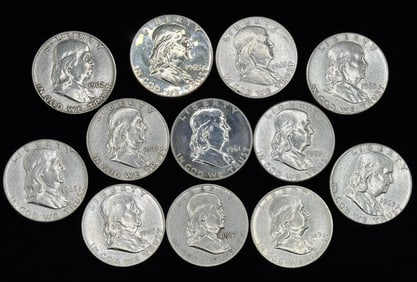 (12) U.S. Franklin Silver Half Dollars