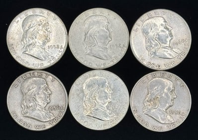 (6) U.S. Franklin Silver Half Dollars