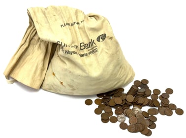 24.5lb Wheat Pennies Summit Bank, Ft. Wayne, IN. Bank Bag