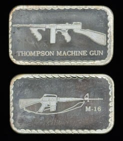 (2) One Troy Oz. .999 Fine Silver Bars Thompson Machine Gun & M-16