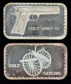 (2) One Troy Oz. .999 Fine Silver Bars Colt Army 45 & Colt Gatling