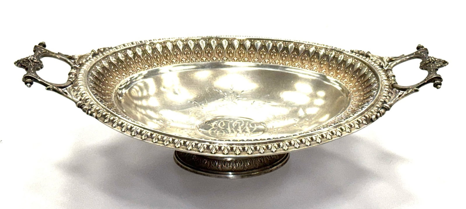 Antique 800 Silver Victorian Pedestal Serving Dish: Antique 800 Silver Victorian Pedestal Serving Dish.? This Sterling Silver serving dish has beautiful detail and stamped 800 on bottom.? It measures approximately 15in x 9in x 4in and has a total weigh