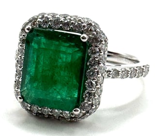 Platinum Emerald and Diamond Engagement Ring