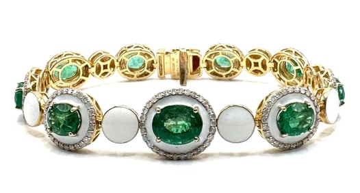 14K Yellow Gold 9.02ctw Natural Emerald Beryl and 1.43ctw Diamond Bracelet