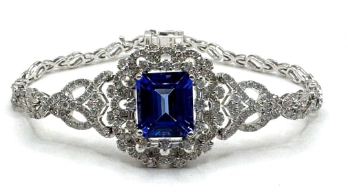 18K White Gold 7.57ctw Tanzanite and 3.66ctw Genuine Diamond Bracelet