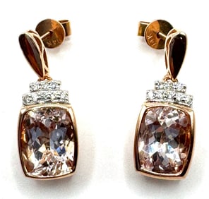 14K Two Tone Gold Natural 3.88ctw Morganite Beryl and 0.11ctw Diamond Earrings