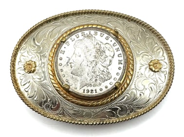 Montana Silversmith German Silver 18K Accent 1921 U.S. Morgan Silver Dollar Belt Buckle