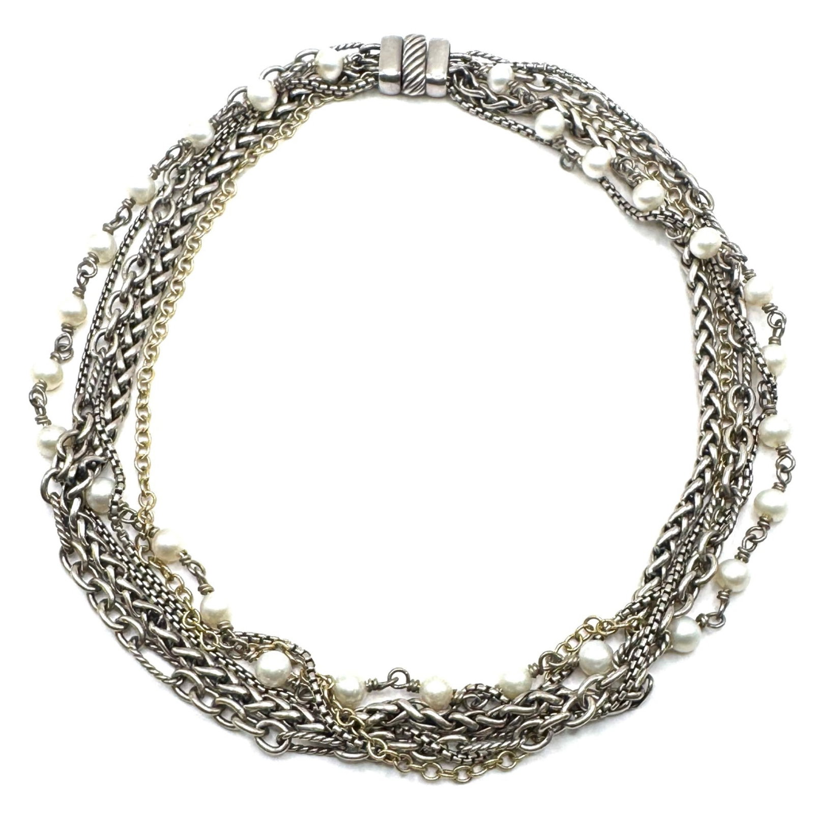 David Yurman Sterling & 18K Pearl Multi-Chain Necklace: David Yurman Sterling & 18K Pearl Multi-Chain Choker Necklace.? This necklace measures 15in long and is stamped D. Yurman 750 925.? This beautiful necklace has a total weight of 70.94g