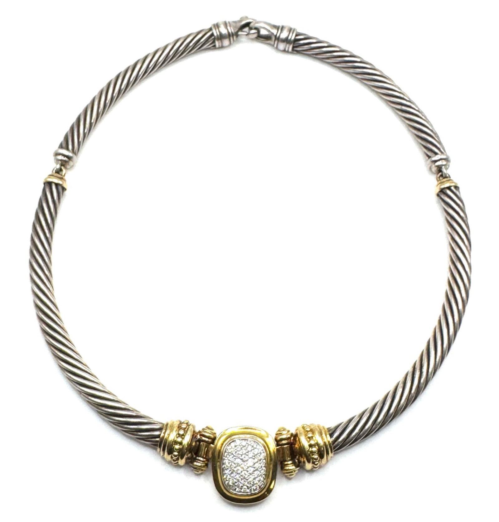 David Yurman Diamond 14K Gold & Sterling Cable Link Choker: David Yurman Diamond 14K Gold & Sterling Cable Link Choker.? This beautiful choker measures 15in long with a lobster clasp, pendant measures approximately 1.25in wide.? Stamped D. Yurman and has a tot