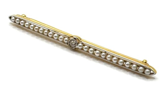 Vintage 18K Yellow Gold Diamond & Seed Pearl Brooch