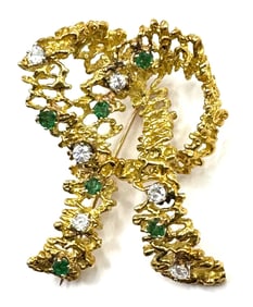 Vintage 18K Yellow Gold Diamond & Emerald Custom Brooch