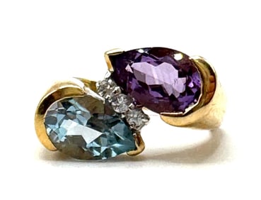 10K Yellow Gold Amethyst, Blue & White Topaz Ring