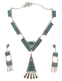 Sterling Navajo Native American Zuni Needlepoint Turquoise Necklace & Earring Set Signed