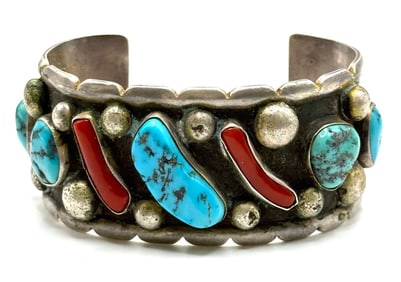 Sterling Vtg. Navajo Native American Turquoise & Coral Cuff Bracelet