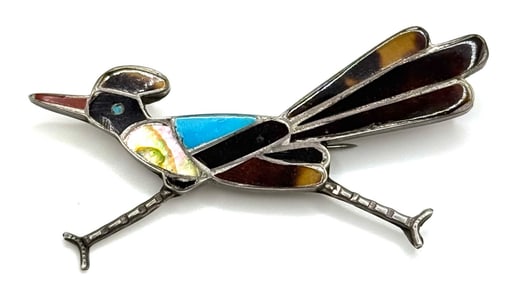 Sterling Native American Roadrunner Stone Mosaic Inlay Brooch