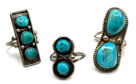(3) Sterling Navajo Native American Turquoise Rings