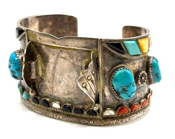 Sterling Vtg. Navajo Native American Multi-Stone Watch Cuff Bracelet