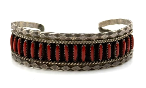 Sterling Navajo Native American Red Coral Needlepoint Cuff Bracelet