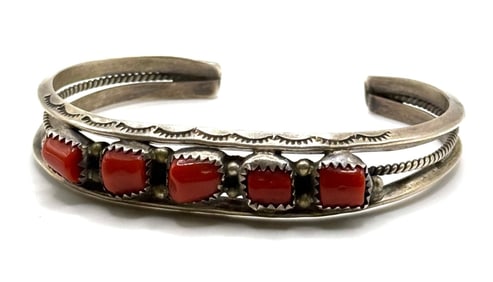 Sterling Navajo Native American Red Coral Cuff Bracelet Signed