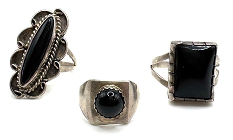 (3) Vtg. Sterling Navajo Native American Black Onyx Rings
