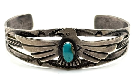 Vtg. Sterling Navajo Native American Thunderbird Turquoise Cuff Bracelet