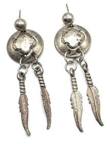 Sterling Navajo Mercury Dime Feather Dangle Earrings