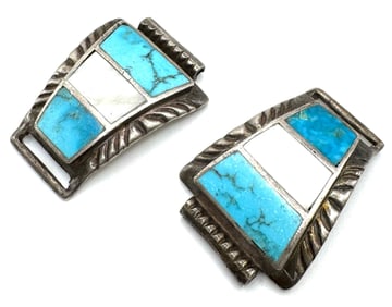 (2) Sterling Vtg. Navajo Turquoise & MOP Inlay Watch Band Parts
