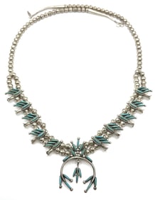 Sterling Navajo Native American Squash Blossom Needlepoint Bead Necklace Signed