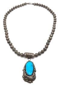 Sterling Lucy C. Native American Turquoise Pendant Bead Necklace Signed