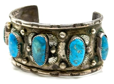Vtg. Sterling Navajo Native American Turquoise Cuff Bracelet