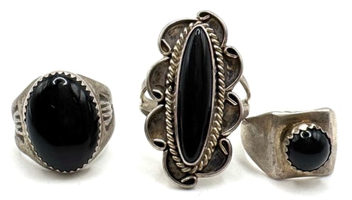 (3) Sterling Navajo Native American Black Onyx Rings