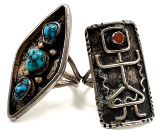 (2) Vtg. Sterling Navajo Native American Turquoise & Coral Rings