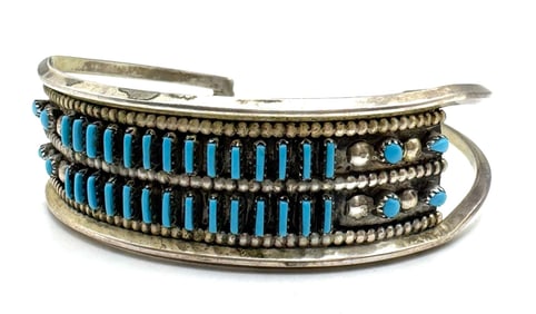 Sterling Navajo Needlepoint Turquoise Cuff Bracelet Signed