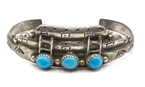 Sterling Navajo Native American Pueblo Architecture Turquoise Cuff Bracelet