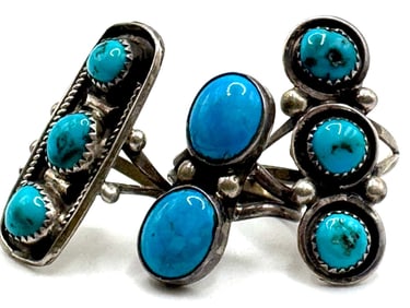 (3) Sterling Navajo Turquoise Cluster Rings
