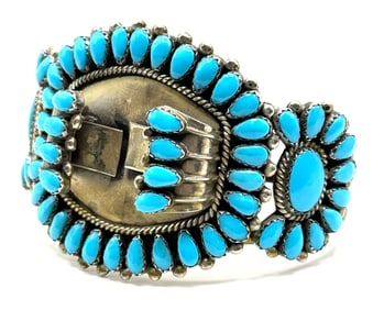 Sterling RLD Navajo Turquoise Cluster Watch Cuff Bracelet