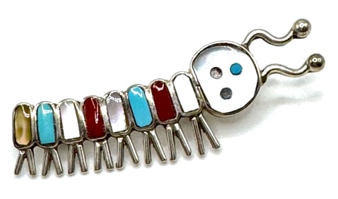 Sterling Zuni Emma Edaakie Natural Gem Stone Caterpillar Brooch