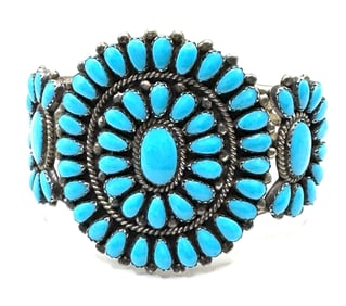 Sterling RLD Navajo Native American Turquoise Cluster Cuff Bracelet