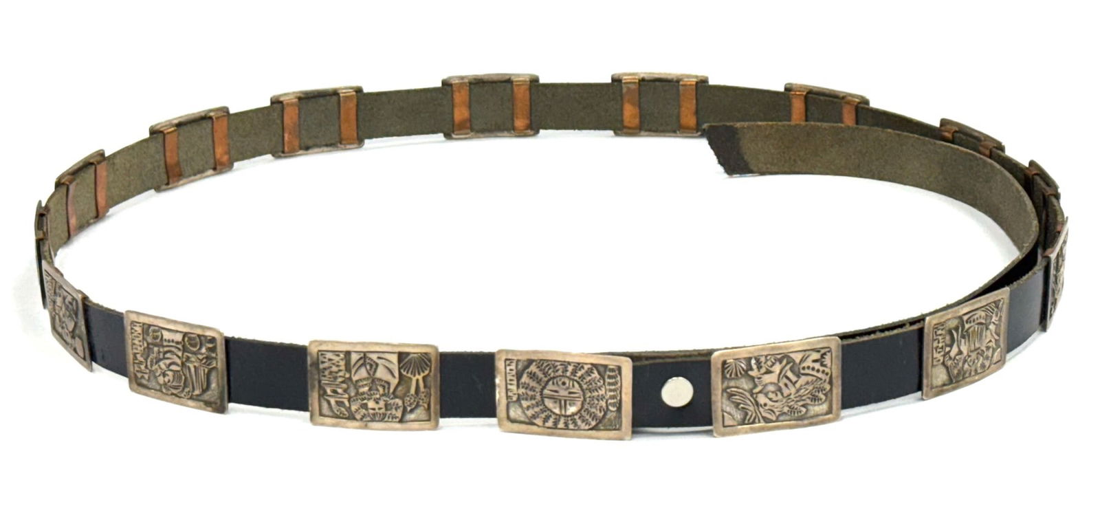 Sterling Navajo Lifestyle Concho Belt: Sterling Navajo Native American Lifestyle Concho Belt. The belt features 15 engraved concho's and a buckle. Each concho depicts the daily life within the Navajo including sheep shearing, cowboys on ho