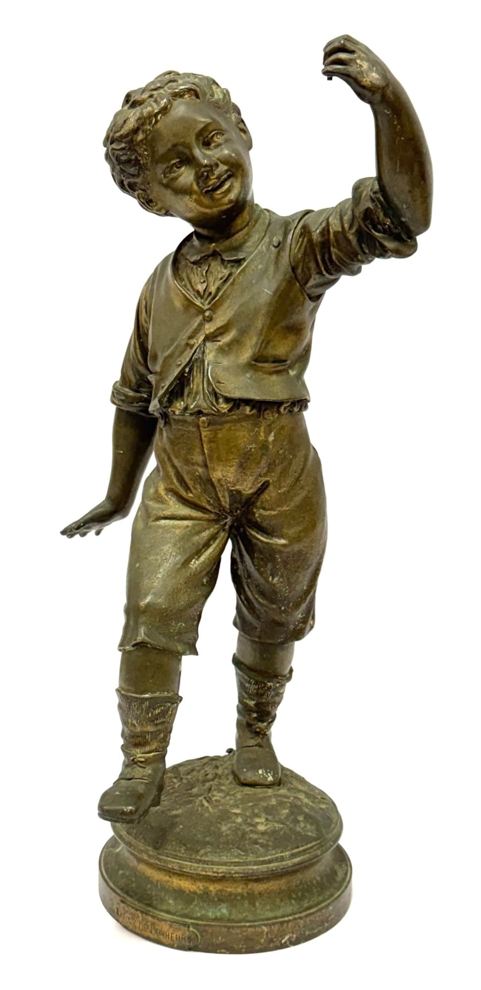 R. Guillaume Signed French Bronze "Day of Happiness" Sculpture: R. Guillaume Signed French Bronze "Day of Happiness" Sculpture.? Signed on upper part of base R. Guillaume, and plate reads "Dour De Bonheur" in French.? Overall sculpture is in good condition with mi