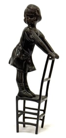 Juan Clara Bronze Sculpture Of Girl Standing On Chair