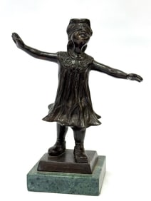 Mid Century Bronze Blindfolded Girl Sculpture on Marble Base