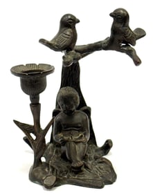 Bronze Candlestick Holder Neoclassical Style Cherub Tree Birds